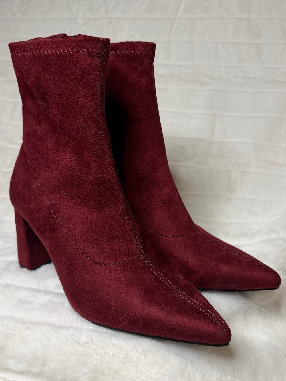 Burgundy Faux Suede Pointed Toe Ankle Boots